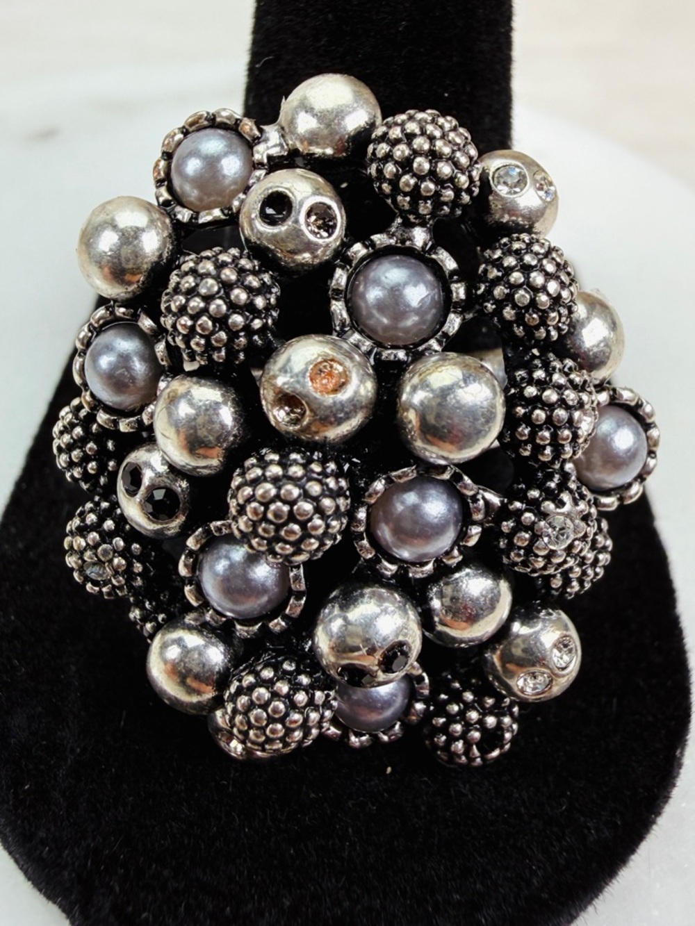 Vintage Silver Tone Gray Black Cluster Statement Cocktail Ring Size 9.25